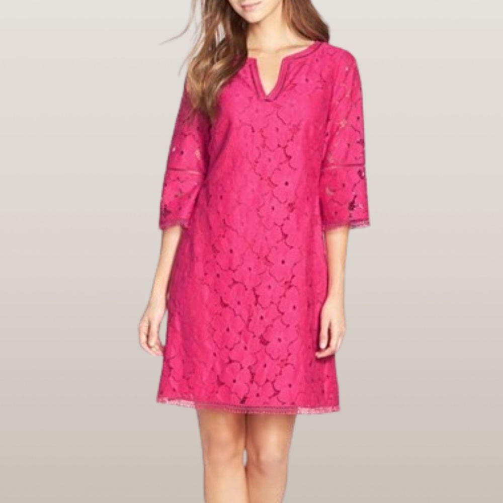 Adrianna Papell Hot Pink Floral Lace Bell Sleeve Dress -Size 2P